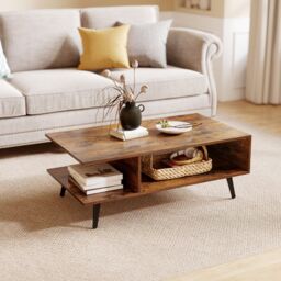 Gymax Mid Century Modern Coffee Table 2-Tier Accent Table With Metal Legs in Brown - thumbnail 3