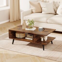 Gymax Mid Century Modern Coffee Table 2-Tier Accent Table With Metal Legs in Brown - thumbnail 6
