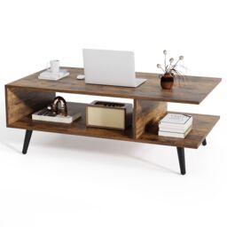 Gymax Mid Century Modern Coffee Table 2-Tier Accent Table With Metal Legs in Brown - thumbnail 1