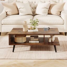 Gymax Mid Century Modern Coffee Table 2-Tier Accent Table With Metal Legs in Brown - thumbnail 5