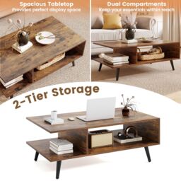 Gymax Mid Century Modern Coffee Table 2-Tier Accent Table With Metal Legs in Brown - thumbnail 7