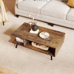 Gymax Mid Century Modern Coffee Table 2-Tier Accent Table With Metal Legs in Brown - thumbnail 4