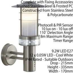 Loops IP44 Outdoor LED Light Brushed Steel PIR Wall Lantern Security Outdoor Overhang in Metallics - thumbnail 2