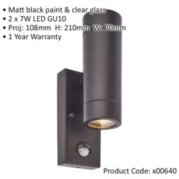 Loops Twin Up & Down IP44 Wall Light with PIR Sensor - 2 x 7W GU10 LED - Matt Black - thumbnail 2