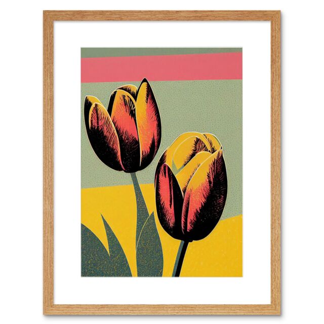 "Artery8 Wall Art Print Bright Modern Silkscreen Tulip Blooms Stencil Dusky Pink Sage Green Mustard Yellow Artwork Framed 9X7 Inch - Size: W7"" x H9""" - image 1