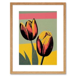 "Artery8 Wall Art Print Bright Modern Silkscreen Tulip Blooms Stencil Dusky Pink Sage Green Mustard Yellow Artwork Framed 9X7 Inch - Size: W7"" x H9""" - thumbnail 1