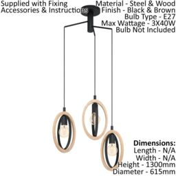 Loops Hanging Ceiling Pendant Light Black & Wood Hoop Shade 3x 40W E27 Bulb - thumbnail 2