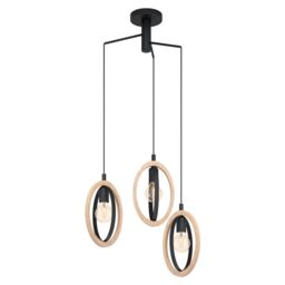 Loops Hanging Ceiling Pendant Light Black & Wood Hoop Shade 3x 40W E27 Bulb