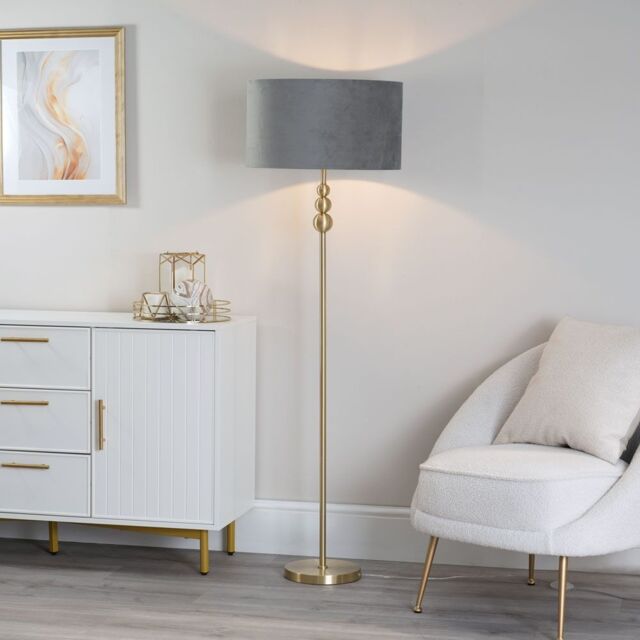 ValueLights Marissa Velvet Drum Shade with Brushed Gold Stacked Floor Lamp with LED Bulb in Grey - image 1
