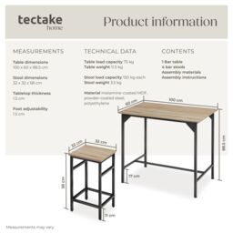 tectake Dining Table With 4 Bar Stools Edinburgh in Light Oak - Size: 4 Person - thumbnail 6