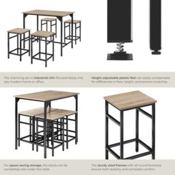 tectake Dining Table With 4 Bar Stools Edinburgh in Light Oak - Size: 4 Person - thumbnail 5