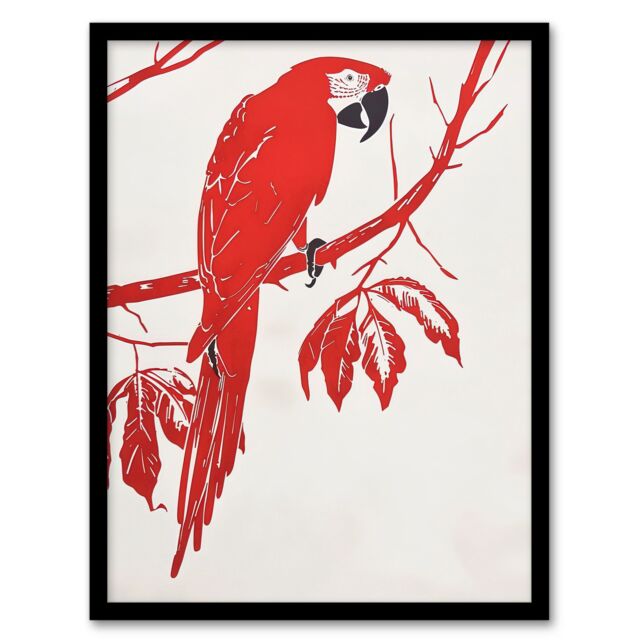 "Artery8 Red Scarlet Macaw Parrot Bird on Tree Branch Framed Wall Art - Size: W12"" x H16""" - image 1