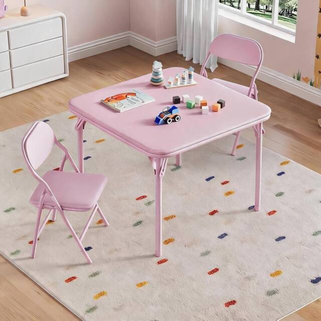London Boutique 3PCS Kids Folding Table & Chair Set Dining Table &2 Upholstered Chairs in Pink - image 1