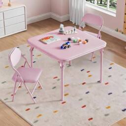 London Boutique 3PCS Kids Folding Table & Chair Set Dining Table &2 Upholstered Chairs in Pink - thumbnail 1