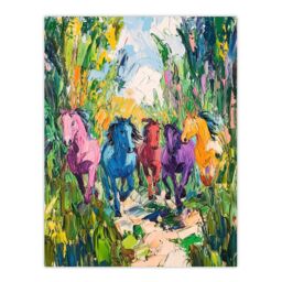 "Artery8 Colourful Horses Running Through Forest Abstract Wall Art Print in Green - Size: W12"" x H16""" - thumbnail 1