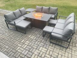 Fimous Aluminium Garden Furniture Outdoor Set Patio Lounge Sofa Gas Fire Pit Dining Table Set with 3 Footstools Side Table Dark Grey - thumbnail 1