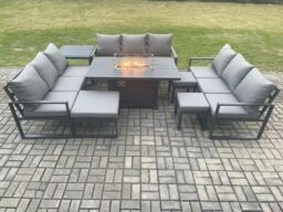 Fimous Aluminium Garden Furniture Outdoor Set Patio Lounge Sofa Gas Fire Pit Dining Table Set with 3 Footstools Side Table Dark Grey - thumbnail 2