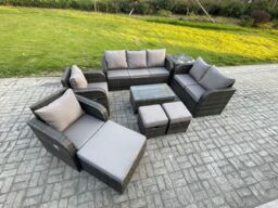 Fimous Patio Garden Furniture Sets Wicker 10 Seater Outdoor Rattan Furniture Sofa Sets with Rectangular Coffee Table Reclining Chair in Dark Grey - thumbnail 2
