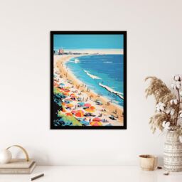 Wee Blue Coo Wall Art Print Surf Sand Sea & Sunshine Busy Beach Coastal Landscape Orange Pink Blue Graphic Painting Art Framed - Size: A4 - thumbnail 4