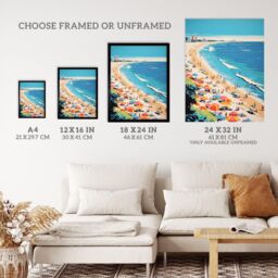 Wee Blue Coo Wall Art Print Surf Sand Sea & Sunshine Busy Beach Coastal Landscape Orange Pink Blue Graphic Painting Art Framed - Size: A4 - thumbnail 3