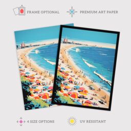 Wee Blue Coo Wall Art Print Surf Sand Sea & Sunshine Busy Beach Coastal Landscape Orange Pink Blue Graphic Painting Art Framed - Size: A4 - thumbnail 2