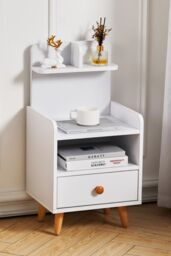 Living and Home One Drawer Wooden Bedside Table With Wooden Legs in White - thumbnail 1