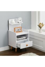 Living and Home One Drawer Wooden Bedside Table With Wooden Legs in White - thumbnail 3
