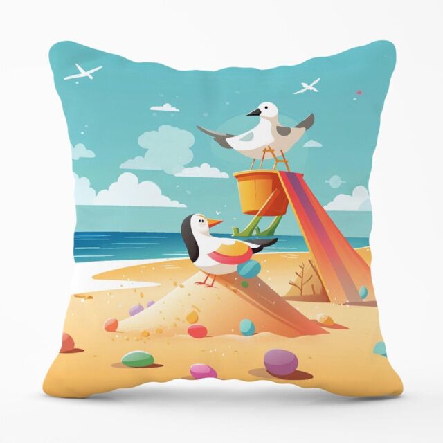 Warren Reed - Designer Seagulls On A Beach Holiday Outdoor Cushion in Yellow - Size: 45 cm x 45 cm - image 1