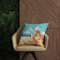 Warren Reed - Designer Seagulls On A Beach Holiday Outdoor Cushion in Yellow - Size: 45 cm x 45 cm - thumbnail 2