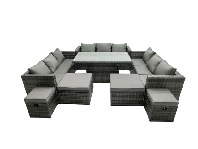 Fimous Rattan Dining Table Sofa Set with 4 Stools Outdoor 13 Seat in Dark Grey - image 1