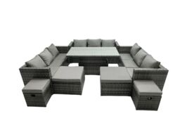 Fimous Rattan Dining Table Sofa Set with 4 Stools Outdoor 13 Seat in Dark Grey - thumbnail 1