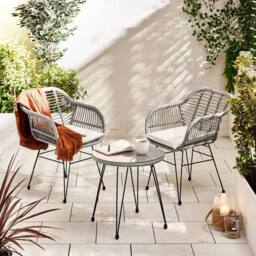 FurnitureboxUK Belize Wicker Style PE Rattan 2 Seat Outdoor Garden Bistro Table & Chairs Set, black metal hairpin legs in Grey - thumbnail 2