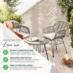 FurnitureboxUK Belize Wicker Style PE Rattan 2 Seat Outdoor Garden Bistro Table & Chairs Set, black metal hairpin legs in Grey - thumbnail 9