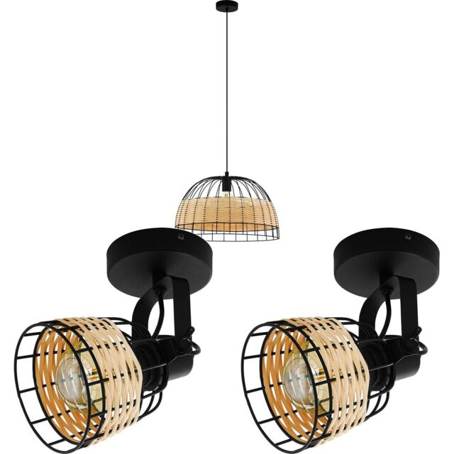 Loops Ceiling Pendant Light & 2x Matching Wall Lights Black & Wicker Wood Shade - image 1