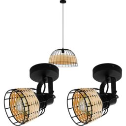 Loops Ceiling Pendant Light & 2x Matching Wall Lights Black & Wicker Wood Shade