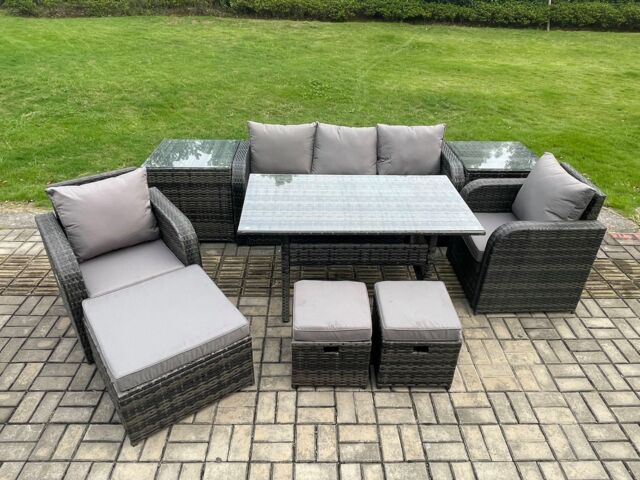Fimous 9 Pcs Rattan Outdoor Garden Furniture Set Rectangular Dining Table & Chair Sofa Set With 2 Side Tables 3 Footstools in Dark Grey - image 1
