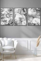 ARTZE Set of 3 Dark Grey Framed Abstract Floral Fluid in Grey Wall Art in Mid Grey - Size: W33 cm x H45 cm x D20mm