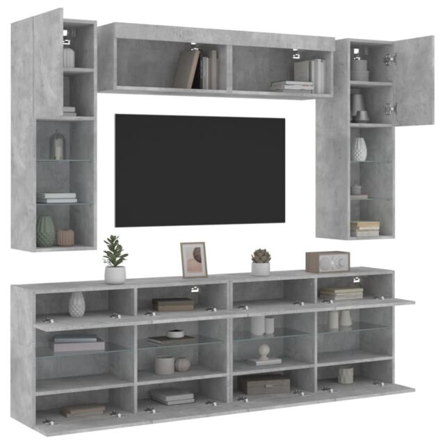 Berkfield Home 6 Piece TV Wall Cabinet Set with LED Lights Concrete Grey - image 1