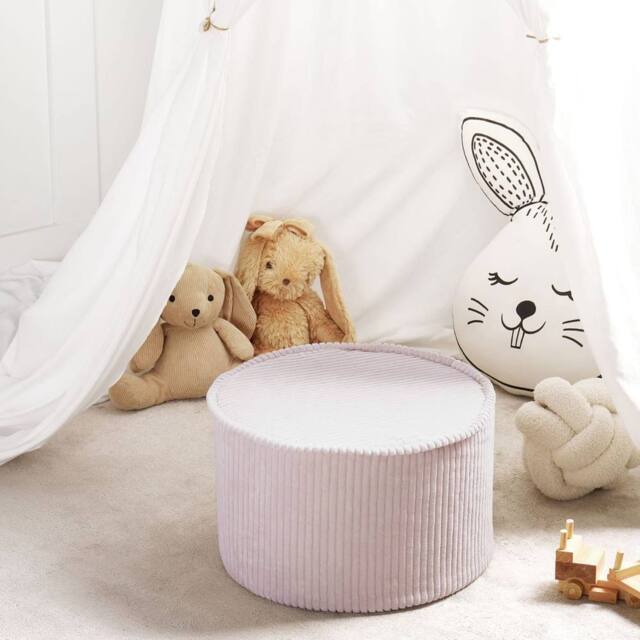 Wyld and Coco Round Pouffe Light Beige Cotton 40 x 25 Corduroy-Style - image 1