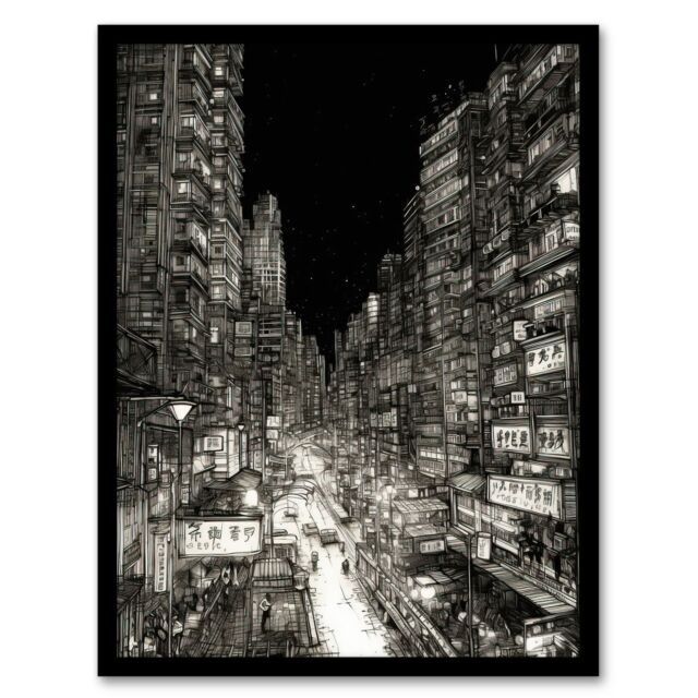 "Artery8 Downtown Tokyo Sketch Cityscape Pen & Ink Drawing Japan Black White Art Print Framed Poster Wall Decor 12x16 inch - Size: W12"" x H16""" - image 1