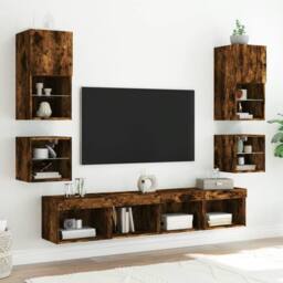 Berkfield Home TV Wall Cabinet with LED Lights Smoked Oak 30x28.5x30 cm in Brown - thumbnail 5