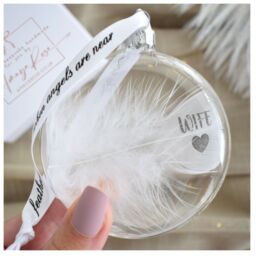 Amaya Rose Ltd In Memory of Wife Feather Round Bauble Gift Boxed. Memorial Tree Decor in Clear - thumbnail 2