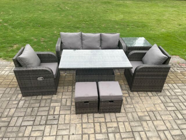 Fimous Wicker PE Rattan Outdoor Garden Furniture Set Adjustable Rising lifting Dining Table With Chair Side Table in Dark Grey - image 1