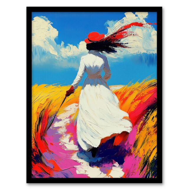 Artery8 Lady Walking Through Windy Wheat Field Landscape Framed Art Print in Blue - Size: A4 - image 1