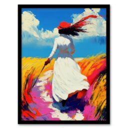 Artery8 Lady Walking Through Windy Wheat Field Landscape Framed Art Print in Blue - Size: A4 - thumbnail 1