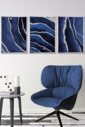 ARTZE Abstract Navy Blue Silver Strokes Framed Wall Art - Medium in Metallic Silver - Size: W45 cm x H62 cm x D20mm