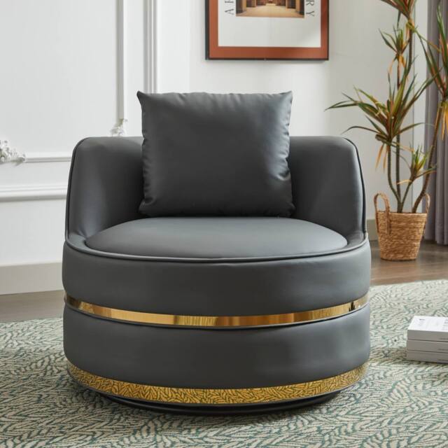 Matteo Modern Grey PU 360° Swivel Barrel Accent Chair with Gold Trim - image 1
