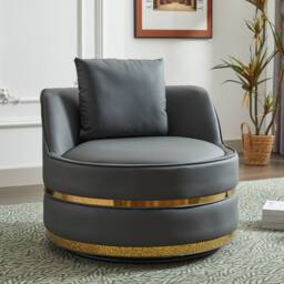 Matteo Modern Grey PU 360° Swivel Barrel Accent Chair with Gold Trim - thumbnail 9