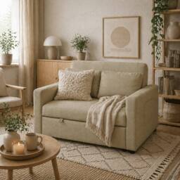 Wyld Haus Venido Loni Beige 2 Seater Sofa Bed with Side Pockets & Cushions in Light Brown