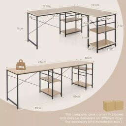 Costway L-Shaped Corner Computer Desk Study Writing Desk Workstation w/ Storage Shelf in Natural - thumbnail 3
